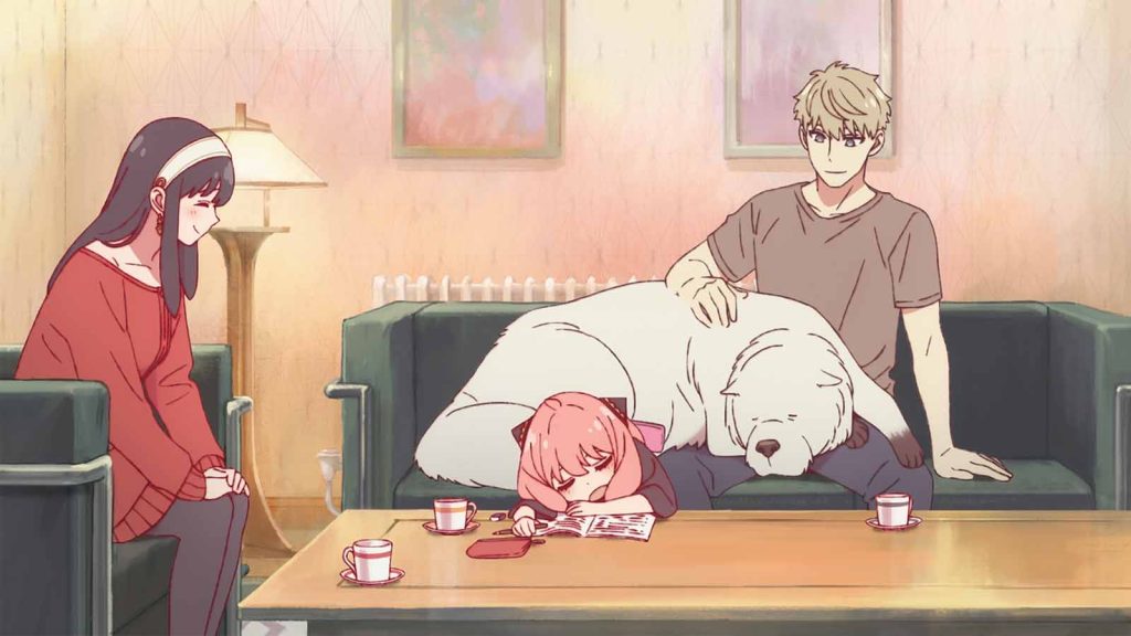 An illustration of Spy x Family characters Yor Forger, Loid Forger, Anya Forger, and Bond Forger in a living room while Anya and Bond are taking a nap.