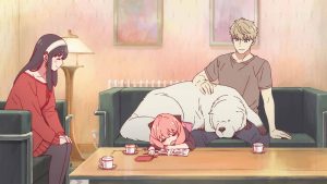 An illustration of Spy x Family characters Yor Forger, Loid Forger, Anya Forger, and Bond Forger in a living room while Anya and Bond are taking a nap.