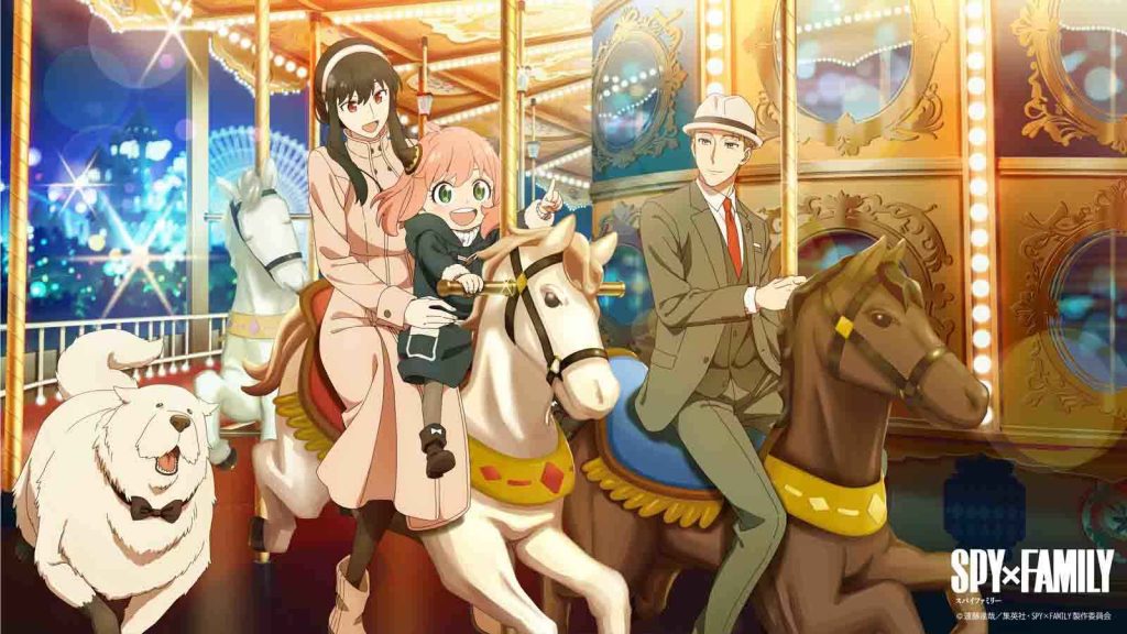 Spy x Family main characters Yor Forger, Anya Forger, Loid Forger, and Bond Forger riding a carousel at a theme park at night.