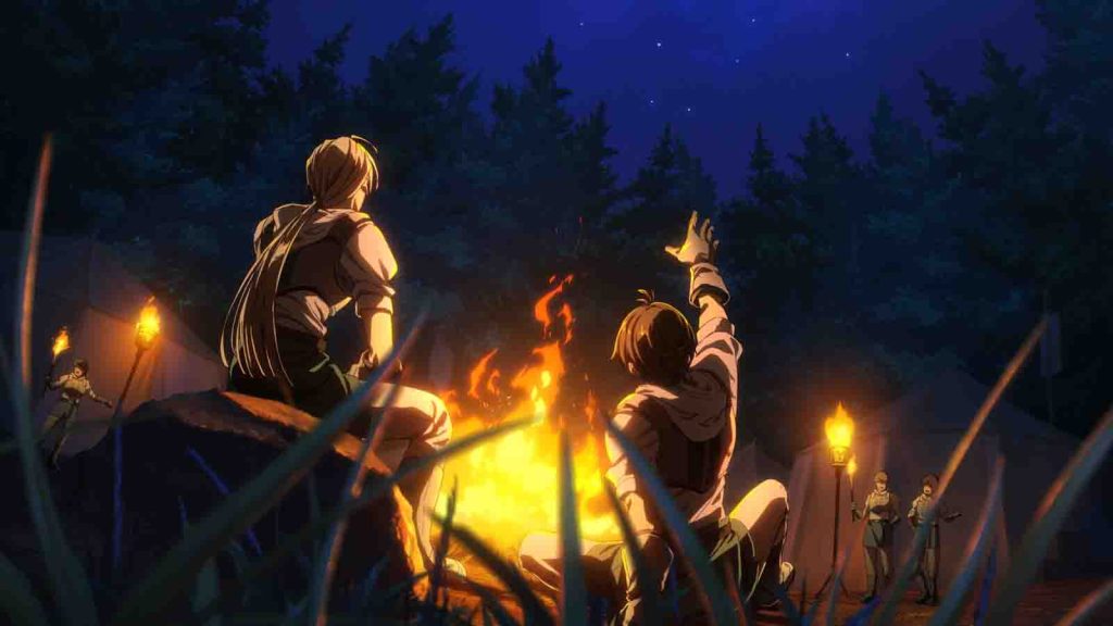 Suikoden anime main characters Jowy Atreides and Rio seen by a campfire