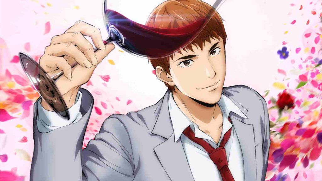 Kanzaki Shizuku raising a glass of red wine in The Drops of God anime promotional visual