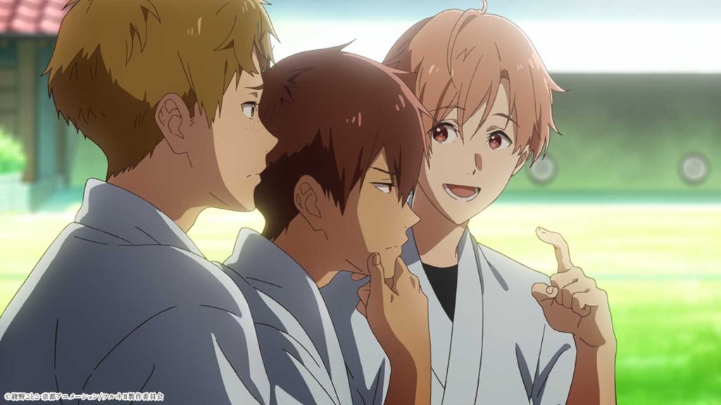 Tsurune anime characters Ryouhei Yamanouchi, Nanao Kisaragi, and Kaito Onogi talking to each other.