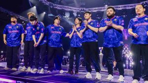 (L-R) d4v41, something, Jinggg, invy, f0rskaen, Coach alecks, Wendler, and Panda of Paper Rex take a bow on stage at VALORANT Masters Santiago Grand Finals held at Espacio Riesco on March 15, 2026 in Santiago, Chile