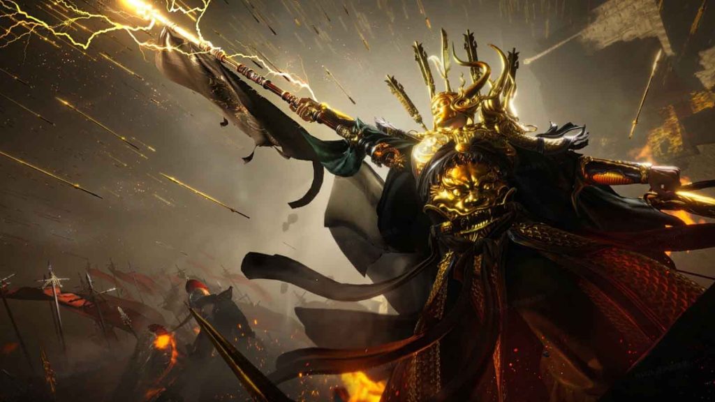 A screenshot from the Where Winds Meet Hexi expansion showing Guoxin reaching out to the heavens with a spear in his hand.