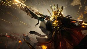 A screenshot from the Where Winds Meet Hexi expansion showing Guoxin reaching out to the heavens with a spear in his hand.