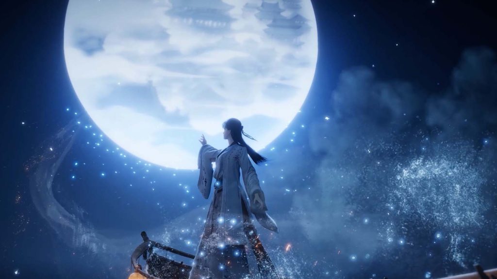 A character from Where Winds Meet with their hand stretched out to the moon while riding a boat.