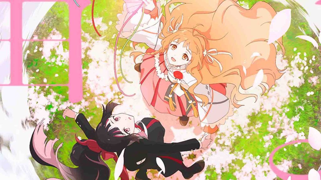 Agents of the Four Seasons: Dance of Spring anime characters Sakura Himedaka and Hinagiku Kayou holding hands while looking up.