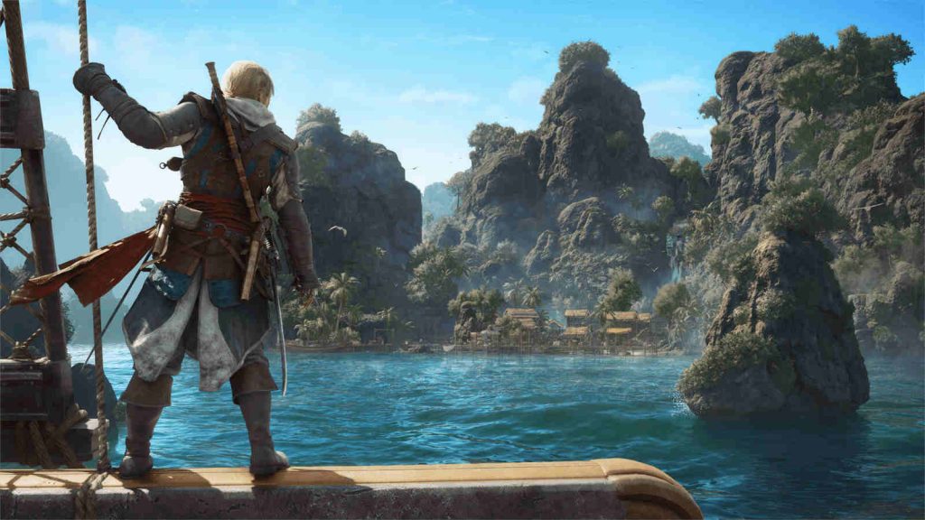 Edward Kenway looking out at a settlement on shore from his ship