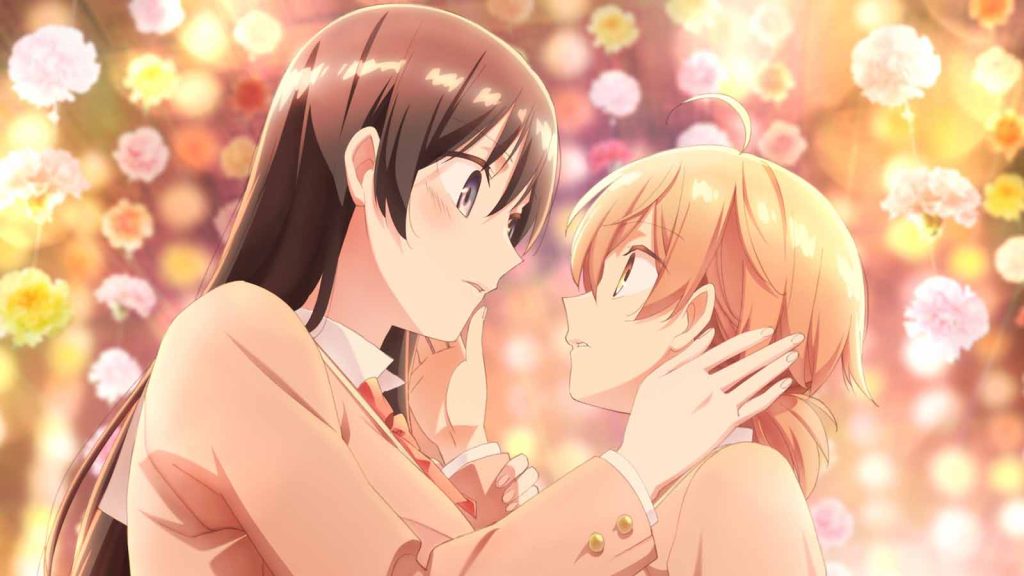 Touko Nanami holding Yuu Koito's face in the Bloom Into You anime series.