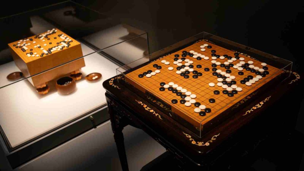 Exhibition view of championship table for the Ing Cup at Let’s Play! The Art and Design of Asian Games. Image courtesy of Asian Civilizations Museum