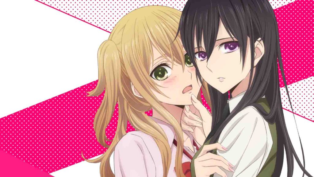 Mei Aihara holding Yuzu Aihara's chin in the Citrus anime.