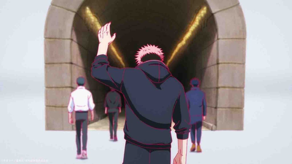 Jujutsu Kaisen characters Yuji Itadori, Yuta Okkotsu, Maki Zenin, and Megumi Fushiguro seen saying goodbye to Master Tengen in season 3