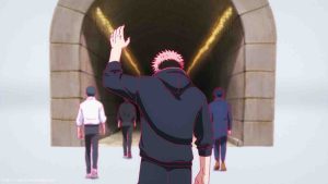 Jujutsu Kaisen characters Yuji Itadori, Yuta Okkotsu, Maki Zenin, and Megumi Fushiguro seen saying goodbye to Master Tengen in season 3