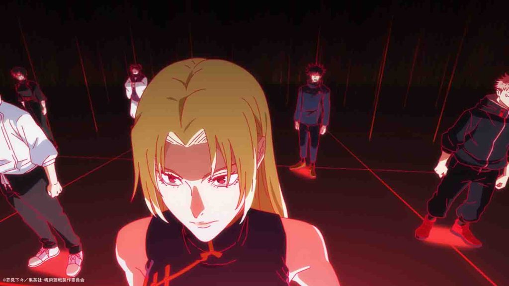 Jujutsu Kaisen characters Yuki Tsukumo, Yuji Itadori, Yuta Okkotsu, Maki Zenin, and Megumi Fushiguro seen learning from Master Tengen in season 3