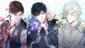 The characters of Light and Night showing the female main character facing towards portraits of Evan Lu Chen, Osborn Xiao Yi, and Sariel Qi Sili.