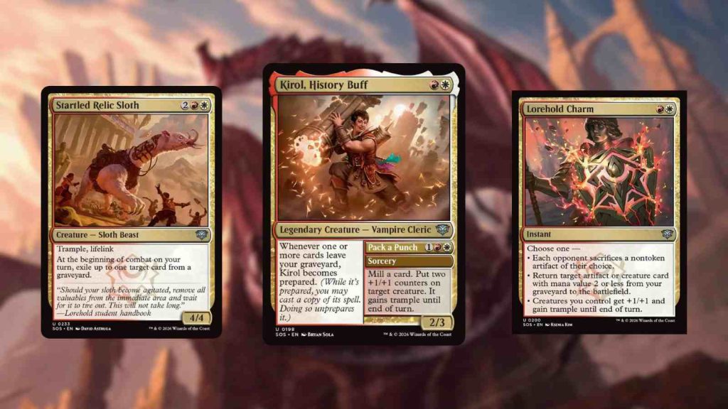 MTG Lorehold flashback cards Startled Relic Sloth, Kirol, History Buff, Lorehold Charm