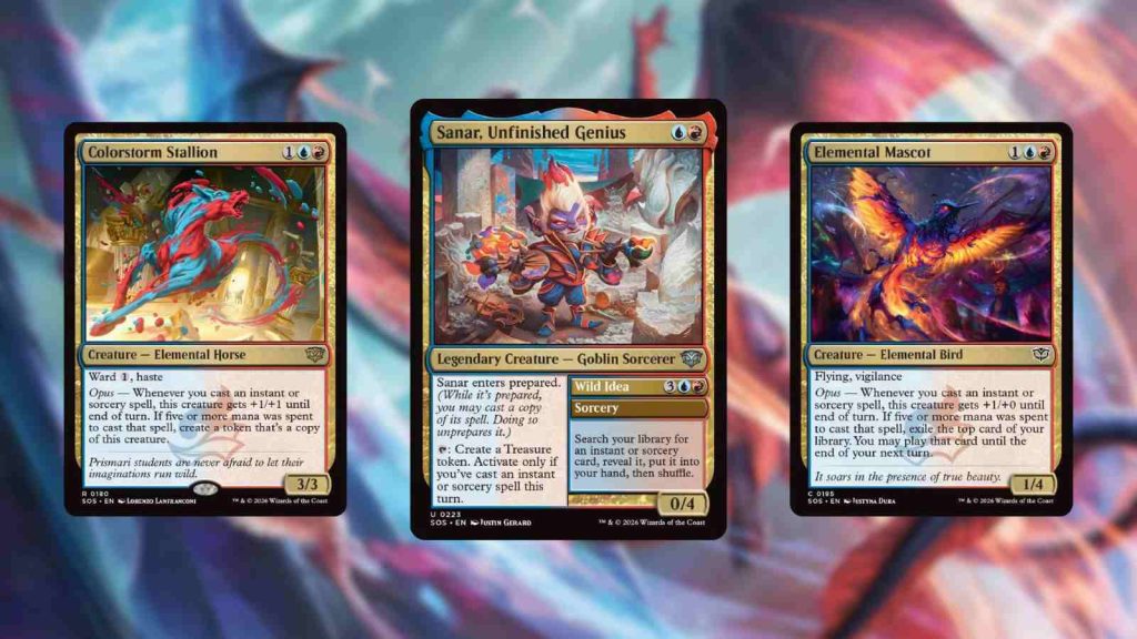 MTG Best Secrets of Strixhaven deck is Prismari, featuring cards Colorstorm Stallion, Sanar, Unfinished Genius, and Elemental Mascot