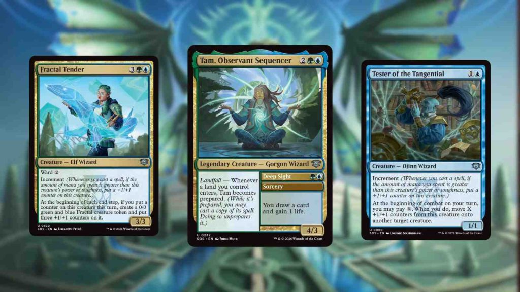 Quandrix, the Simic school of Strixhaven cards from left to right: Fractal Tender, Tam, Observant Sequencer, Tester of the Tangential 