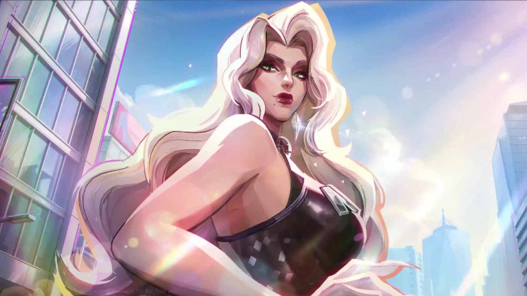 Black Cat's Urban Predator costume in Marvel Rivals, showing the hero posing with buildings in her background. 