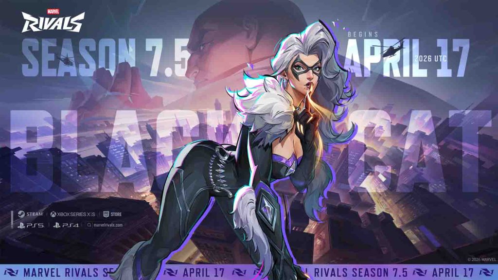 The key visual for Marvel Rivals Season 7.5 featuring Black Cat with Kingpin looming in the background.