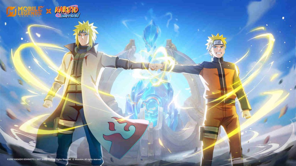 Minato and son Naruto fist bumping in MLBB x Naruto collaboration key visual 