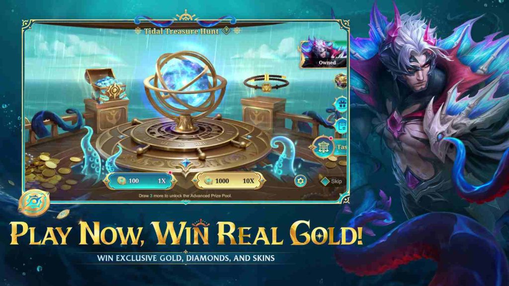 MLBB ALLSTAR 2026 skins include Yu Zhong Tidal Sealord Special skin. He is seen here with a preview of Tidal Treasure Hunt event.