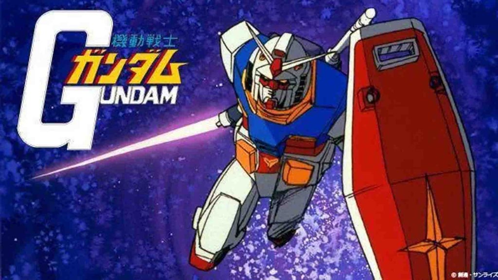 A poster for the Mobile Suit Gundam anime series featuring the RX-78-2 Gundam holding a sword and a shield.