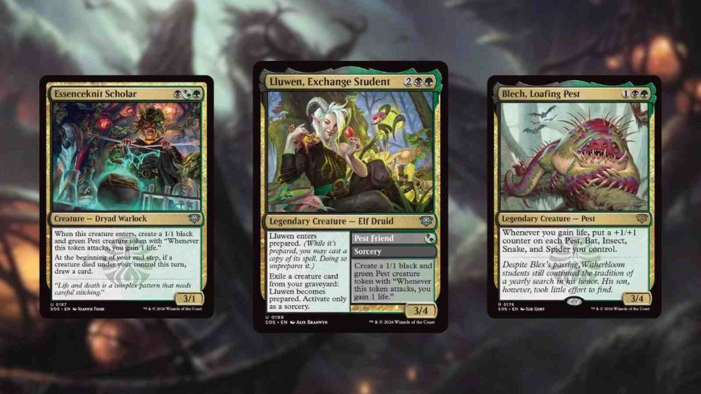 Magic the Gathering Secrets of Strixhaven Witherbloom lifegain deck featuring Essenceknit Scholar, Lluwen, Exchange Student, and Blech, Loafing Pest