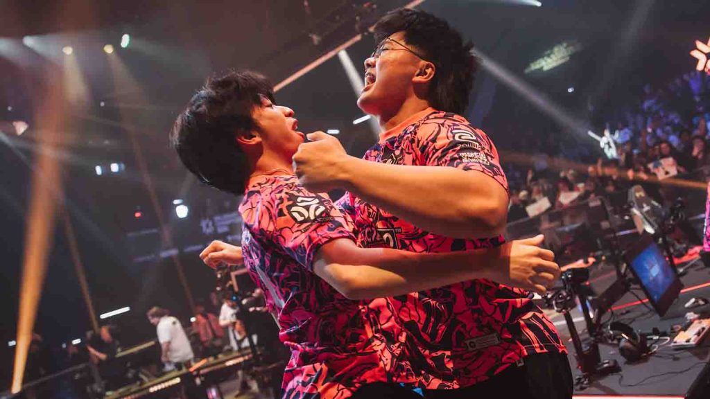 PARIS, FRANCE - f0rsakeN (L) and PatMen of Paper Rex react onstage at VALORANT Champions Paris Playoffs Stage Day 1 at Les Arènes de Grand Paris Sud on September 25, 2025 in Paris, France