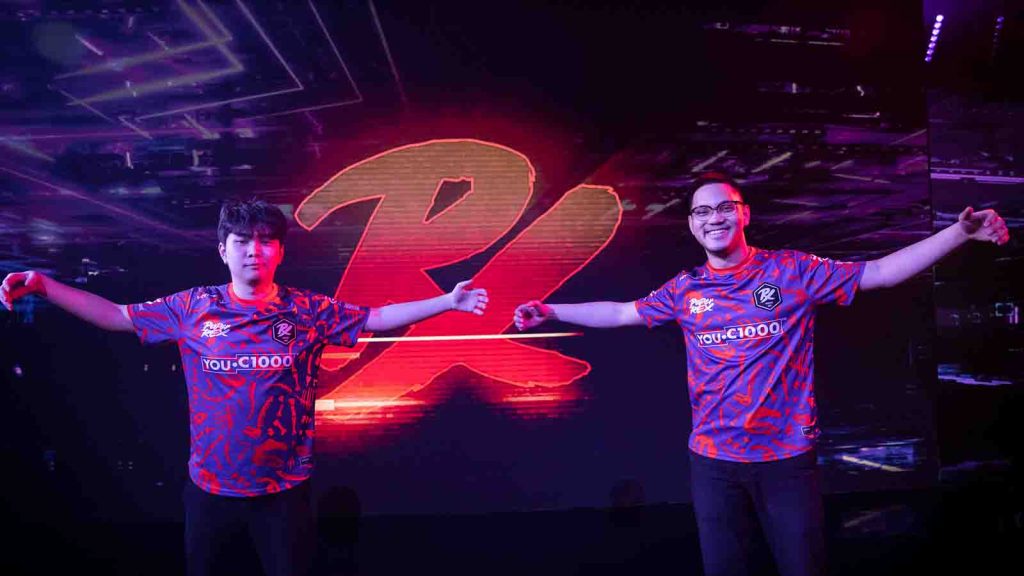 COPENHAGEN, DENMARK - JULY 17: Aaron "mindfreak" Leonhart (L) and Benedict "Benkai" Tan of Paper Rex pose and leave space for their absent teammates who played remotely, after victory against Fnatic at the VALORANT Champions Tour: Stage 2 Masters Bracket Stage on July 17, 2022 in Copenhagen, Denmark.