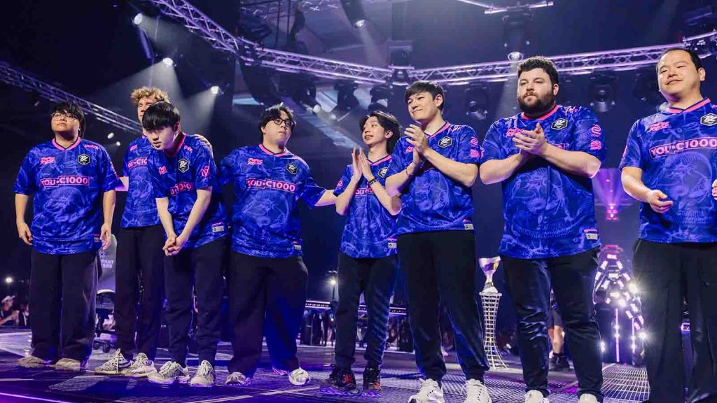d4v41, something, Jinggg, invy, f0rskaen, Coach alecks, Wendler, and Panda of Paper Rex take a bow on stage at VALORANT Masters Santiago Grand Finals held at Espacio Riesco on March 15, 2026 in Santiago, Chile (Photo by Colin Young-Wolff/Riot Games)