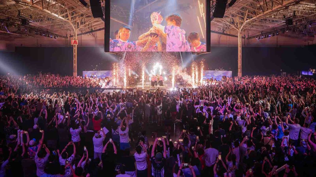 TORONTO, CANADA - JUNE 22: Paper Rex lift the trophy onstage after winning the championship at VALORANT Masters Toronto Grand Finals on June 22, 2025 at the Enercare Centre in Toronto Canada.