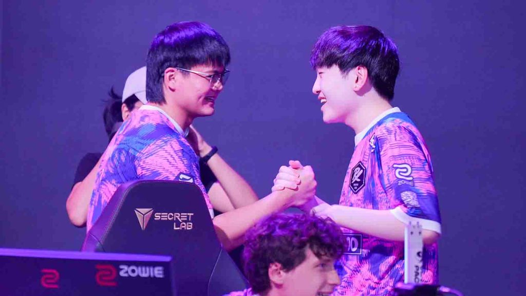 Paper Rex Valorant players Patrick "PatMen" Mendoza and Wang "Jinggg" Jing Jie seen celebrating after a win during VCT Pacific Stage 2 in 2025