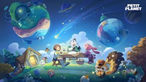 The first key visual for HoYoverse's Petit Planet game, showing a Planet Tender, Mobai, Elsasani, and Glenn together.