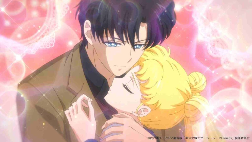 Mamoru Chiba embracing Usagi Tsukino in Sailormoon Cosmos movie 2023
