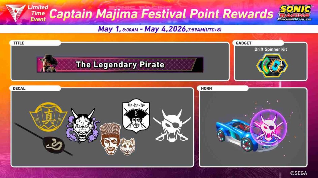 Sonic Racing Crossworlds Captain Majima Festival Points Reward System