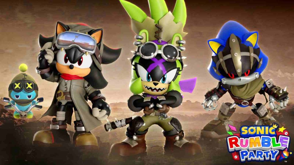 Wasteland Surge, Wasteland Metal Sonic, Wasteland Knuckles, Wasteland Zavok, and Wasteland Zazz skins in Sonic Rumble Party