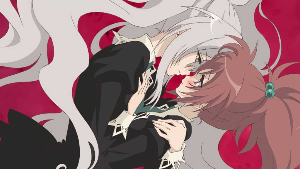 Strawberry Panic characters Shizuma Hanazono and Aoi Nagisa holding each other.