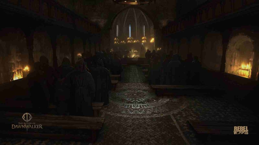 People filling up a church interior surrounded by lighted candles in The Blood of Dawnwalker official screenshot