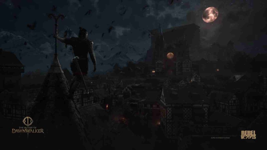 The Blood of the Dawnwalker half-human, half-vampire Coen standing on the rooftop under a full moon as bats fly past