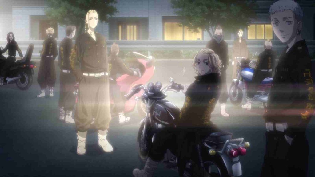 Draken, Mikey, and Mistuya wearing biker gang uniform with their motorcycles at night in Tokyo Revengers anime season 1