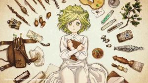 Witch Hat Atelier anime protagonist Coco lying down, clutching an envelope while surrounded by different magic-related items.