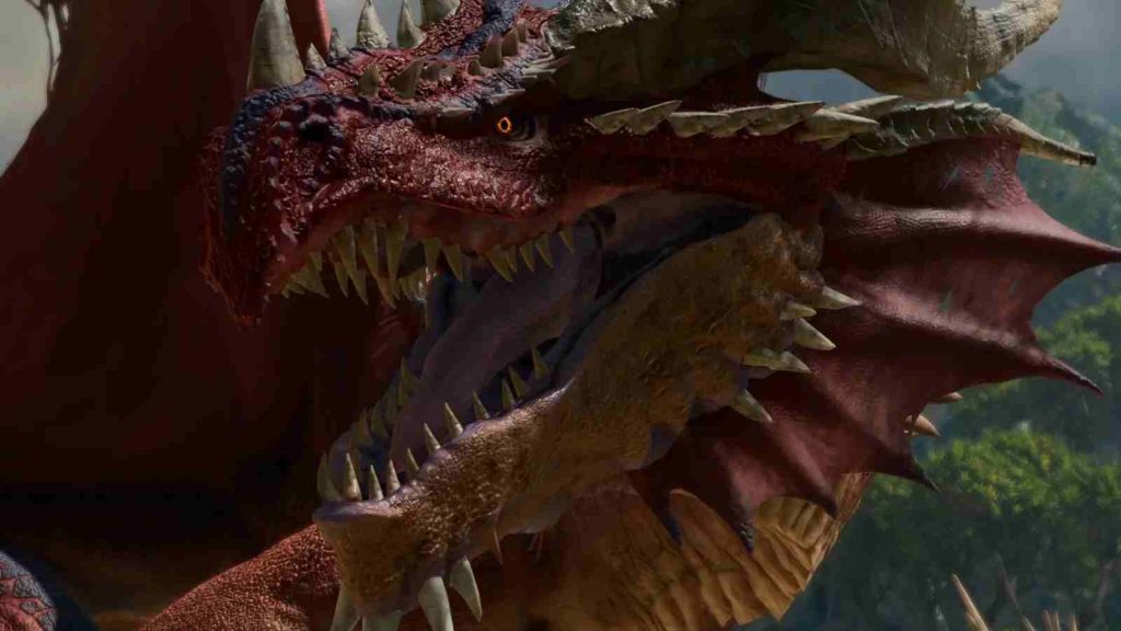 Red dragon Qudenos roaring in Baldur's Gate 3