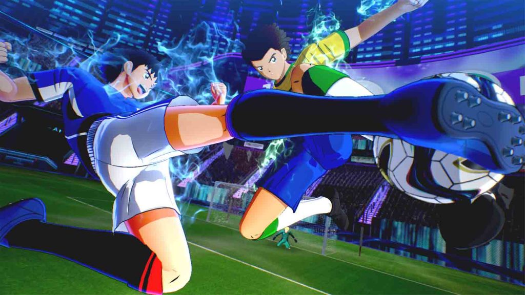 Tsubasa Ozora and Natureza kicking a ball in Captain Tsubasa 2: World Fighters.