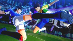 Tsubasa Ozora and Natureza kicking a ball in Captain Tsubasa 2: World Fighters.
