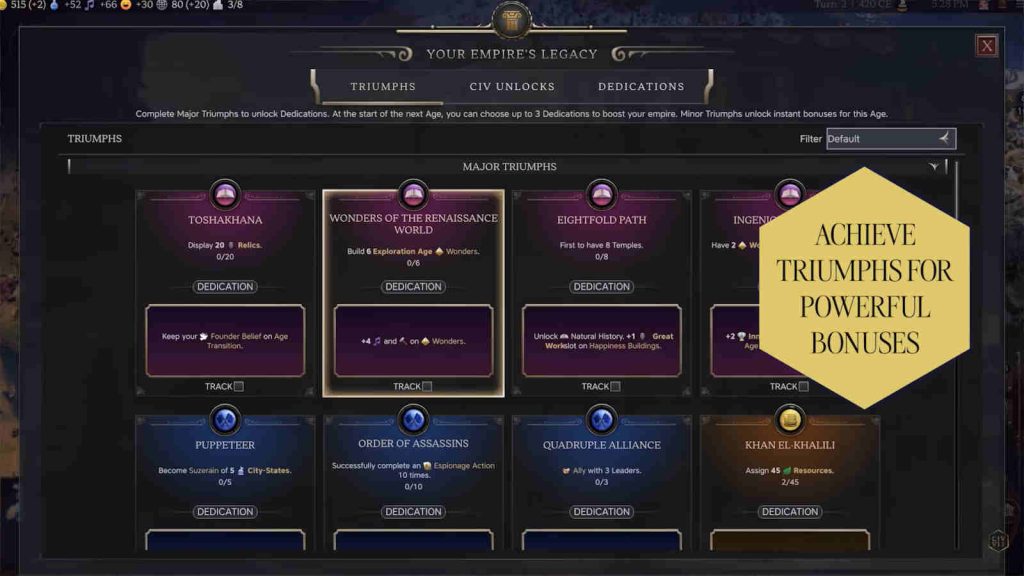Civilization VII Test of Time Update showing Triumph screen that completely replaces Legacy Paths