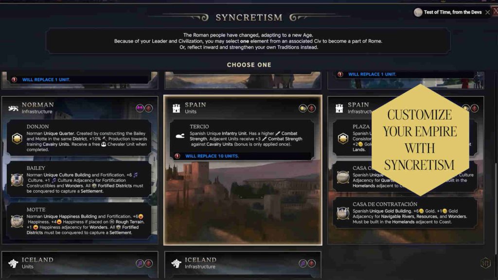 Civilization VII Test of Time Update Syncretism mechanic screen