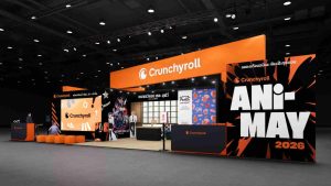 Crunchyroll at AFA Thailand 2026: Front of booth with Ani-May signage and Chainsaw Man feature