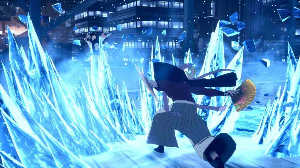 Doma fighting Shinobu and unleashing an AOE ice attack in Demon Slayer -Kimetsu no Yaiba- The Hinokami Chronicles 2