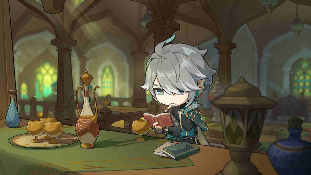 Official illustration of chibi Alhaitham reading a book while in deep thought at the table